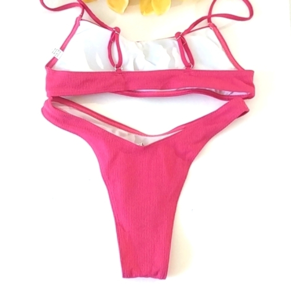FUCHSIA PINK BANDEAU HI-CUT RIBBED BIKINI SIZE LARGE NWOT - Picture 4 of 7